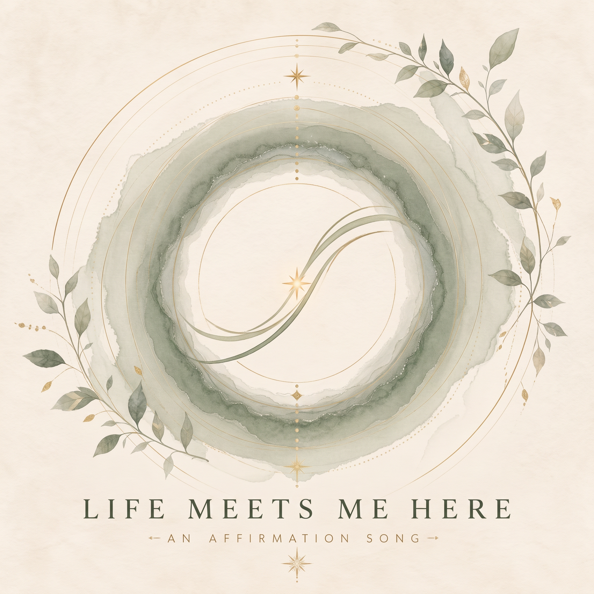 Life Meets Me Here cover art — two flowing paths meeting within soft sage watercolor rings