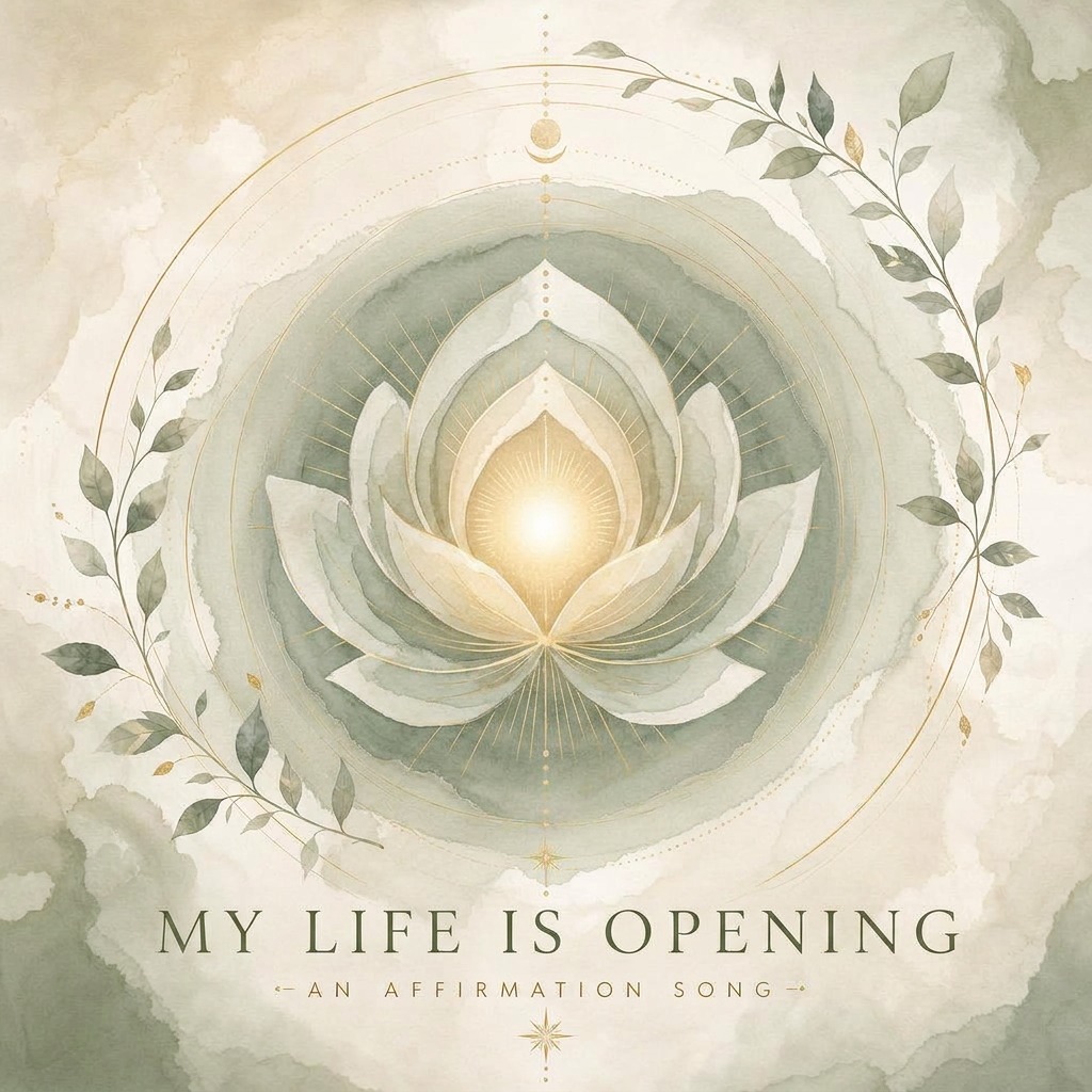 My Life Is Opening cover art — a blooming lotus in sage, cream and gold